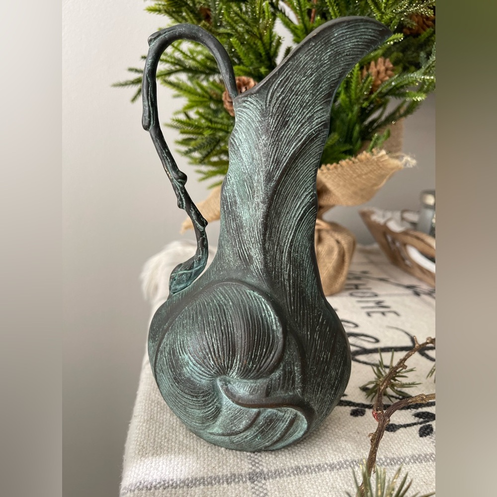 Vintage Verdigris Lily Pad Nouveau Style Pitcher Vase